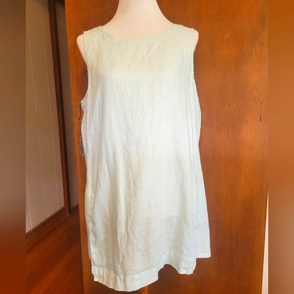 Women's Sleeveless LINEN Tunic Top - Light AQUA by PURE JILL size L - Picture 2 of 10